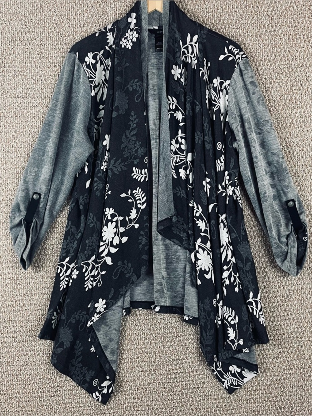 Ali Miles Jacket Cardigan Women’s 1X Floral Open Front Artsy Black Boho T665